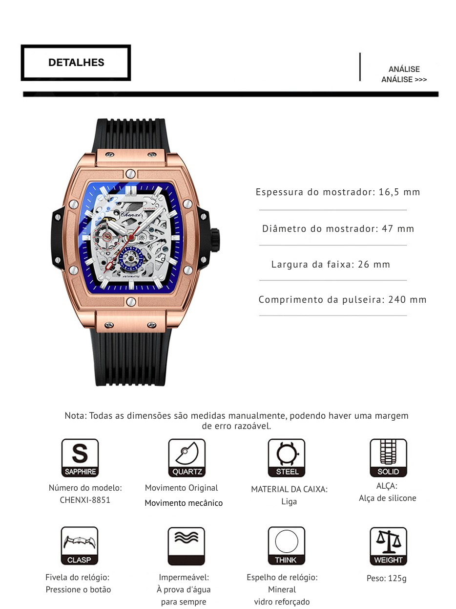 Luxury Brand Men's Relógio Masculino CHENXI Skeleton | Design Automático em Formato Barril e Pulseira de Silicone