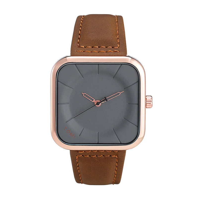 TOMI Fashion Square | Relógio Masculino Minimalista de Quartzo (Pulseira de Couro)
