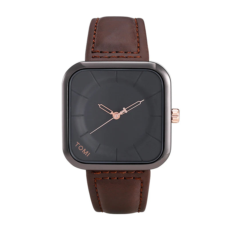 TOMI Fashion Square | Relógio Masculino Minimalista de Quartzo (Pulseira de Couro)