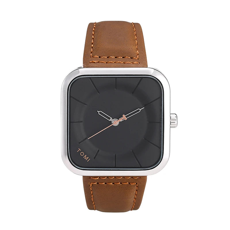 TOMI Fashion Square | Relógio Masculino Minimalista de Quartzo (Pulseira de Couro)