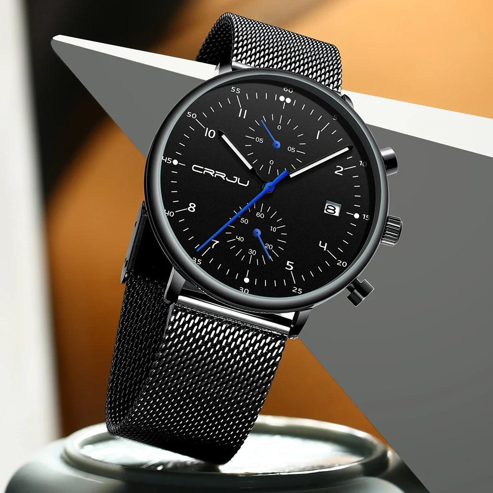 Relógio Masculino CRRJU Ultra Slim | Aço Inoxidável Leve com Movimento Japonês