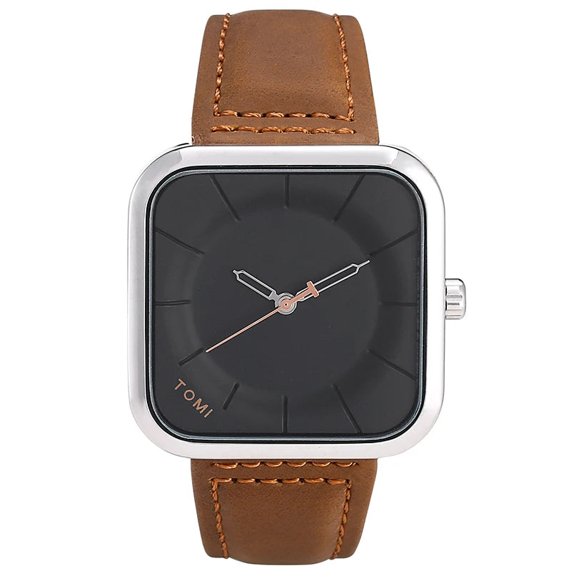 TOMI Fashion Square | Relógio Masculino Minimalista de Quartzo (Pulseira de Couro)