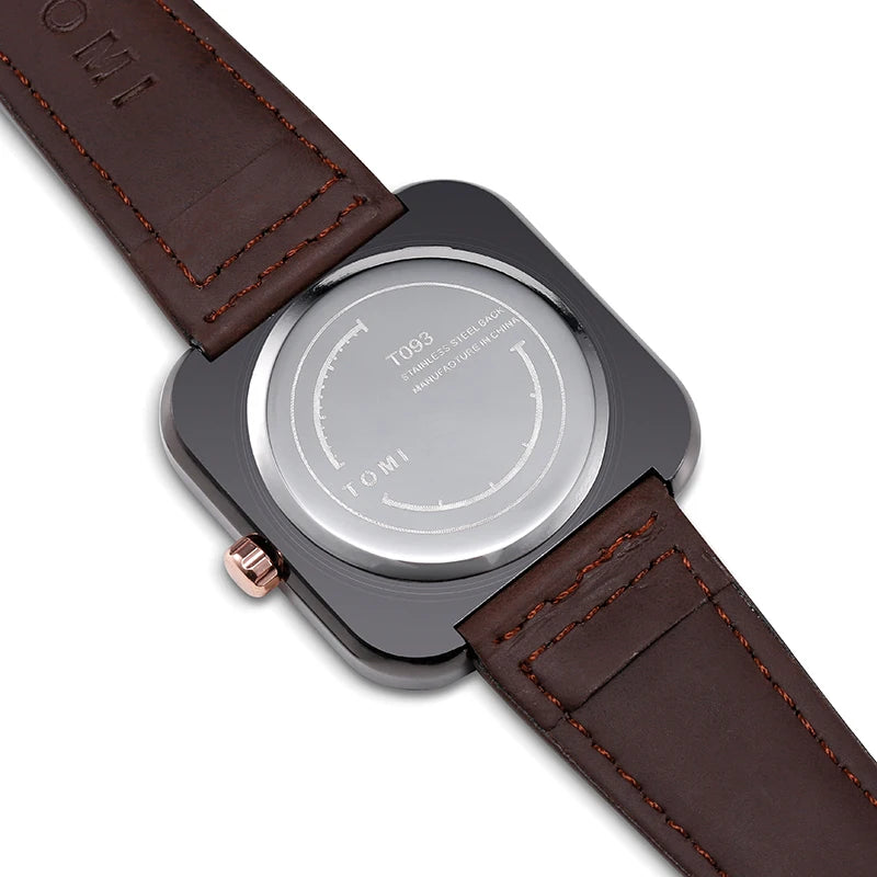 TOMI Fashion Square | Relógio Masculino Minimalista de Quartzo (Pulseira de Couro)