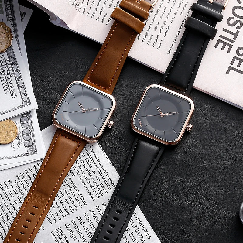 TOMI Fashion Square | Relógio Masculino Minimalista de Quartzo (Pulseira de Couro)
