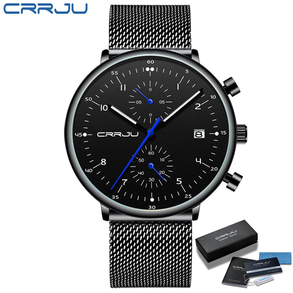 Relógio Masculino CRRJU Ultra Slim | Aço Inoxidável Leve com Movimento Japonês