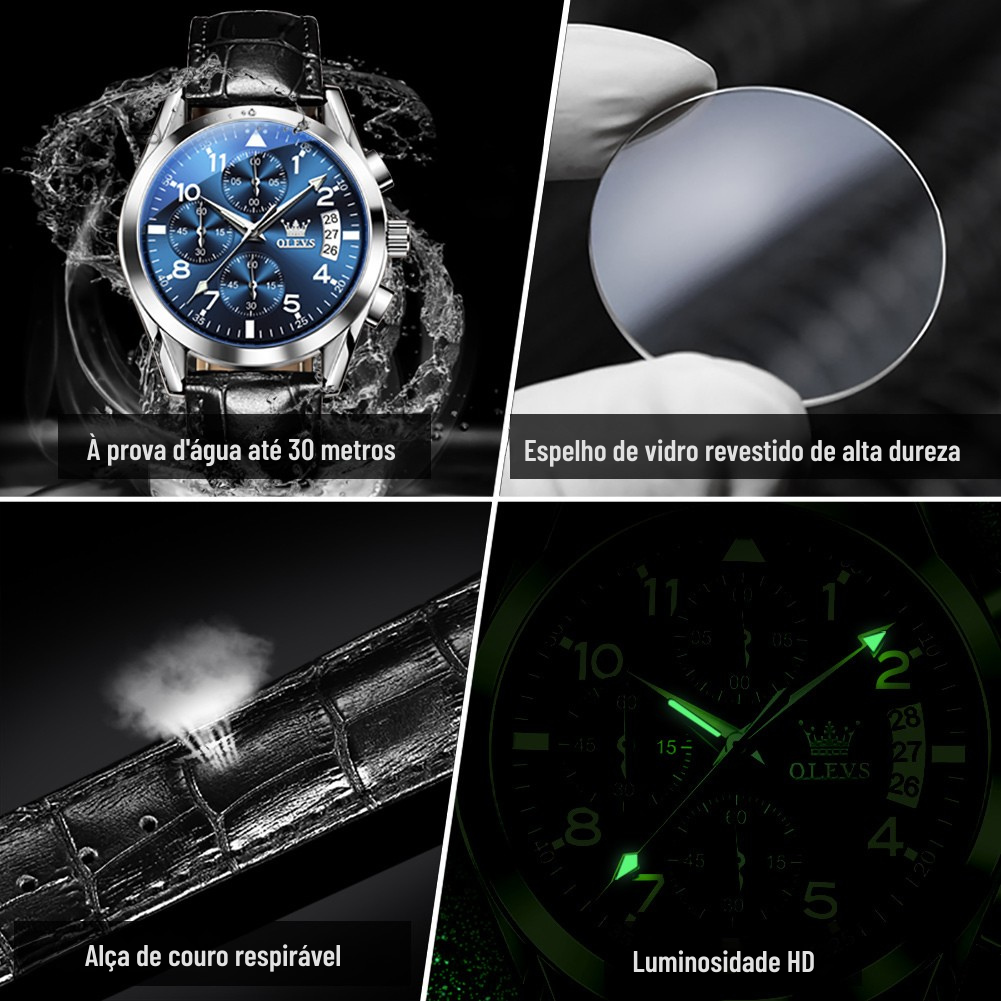 Relógio Masculino OLEVS Classic | Couro Premium com Marcadores Arábicos e Calendário