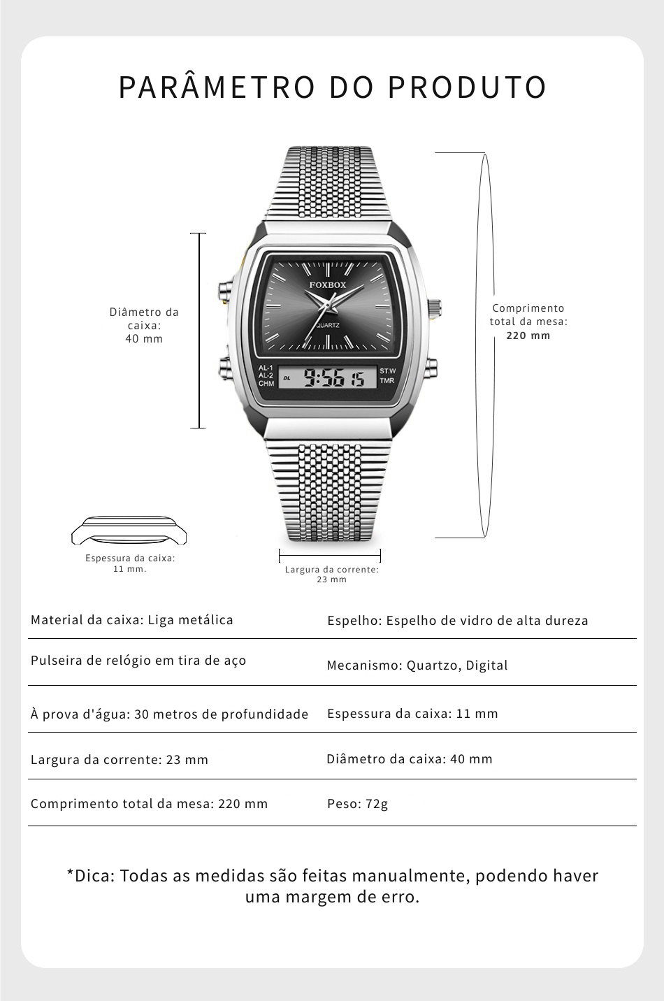 Relógio Masculino FOXBOX Digital-Analógico | Design Retangular Moderno em Aço Inoxidável