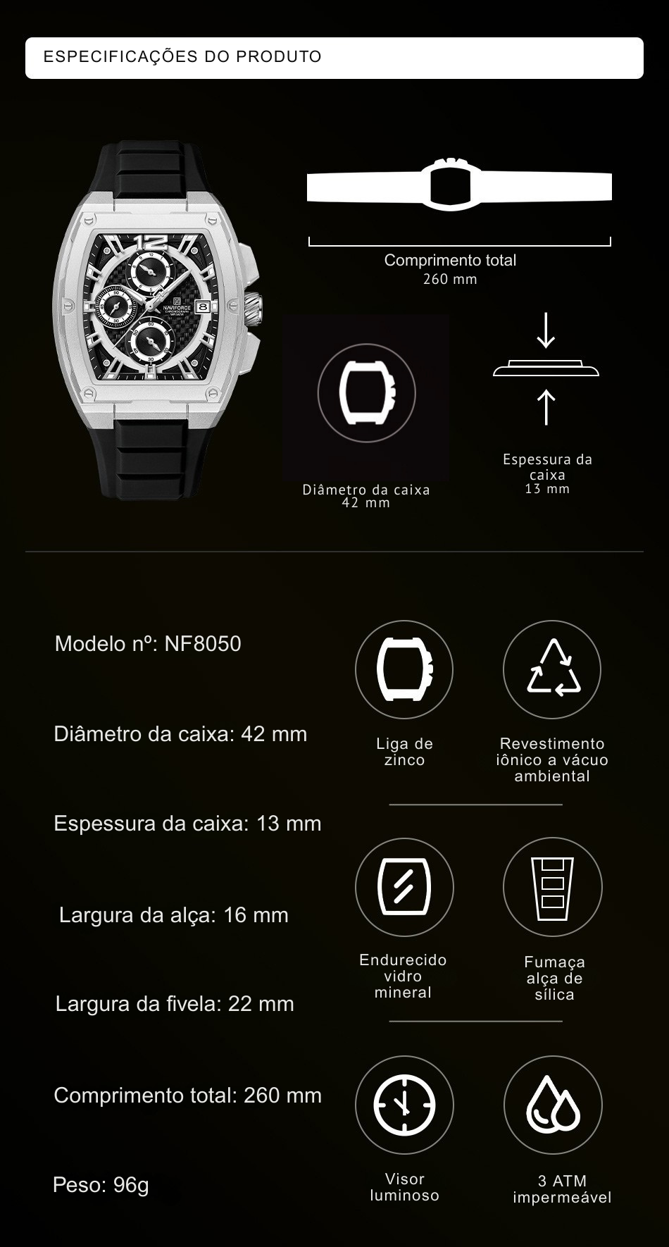Relógio Masculino NAVIFORCE NF8050 Tonneau | Design Esportivo de Luxo com Pulseira de Silicone