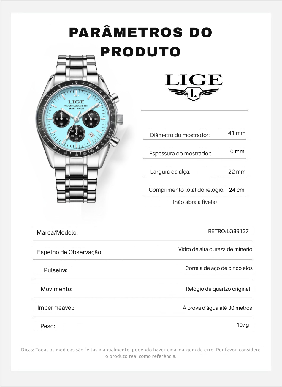 Relógio Masculino LIGE Executive | Todo em Aço Inoxidável com Cronógrafo e Design Minimalista