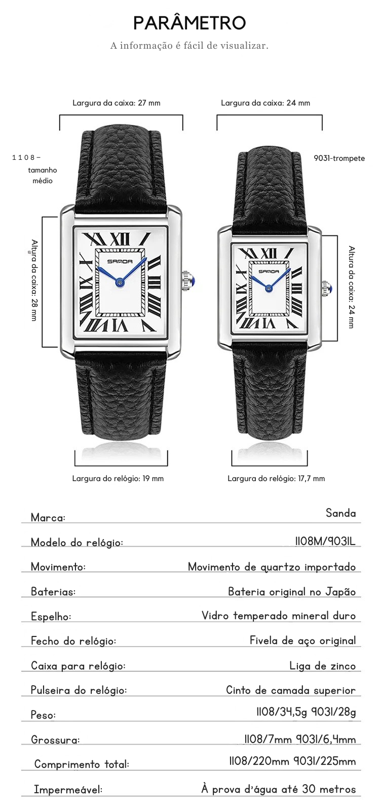 Relógio SANDA Slim Retangular | Design Ultrafino de 7mm e Pulseira de Couro