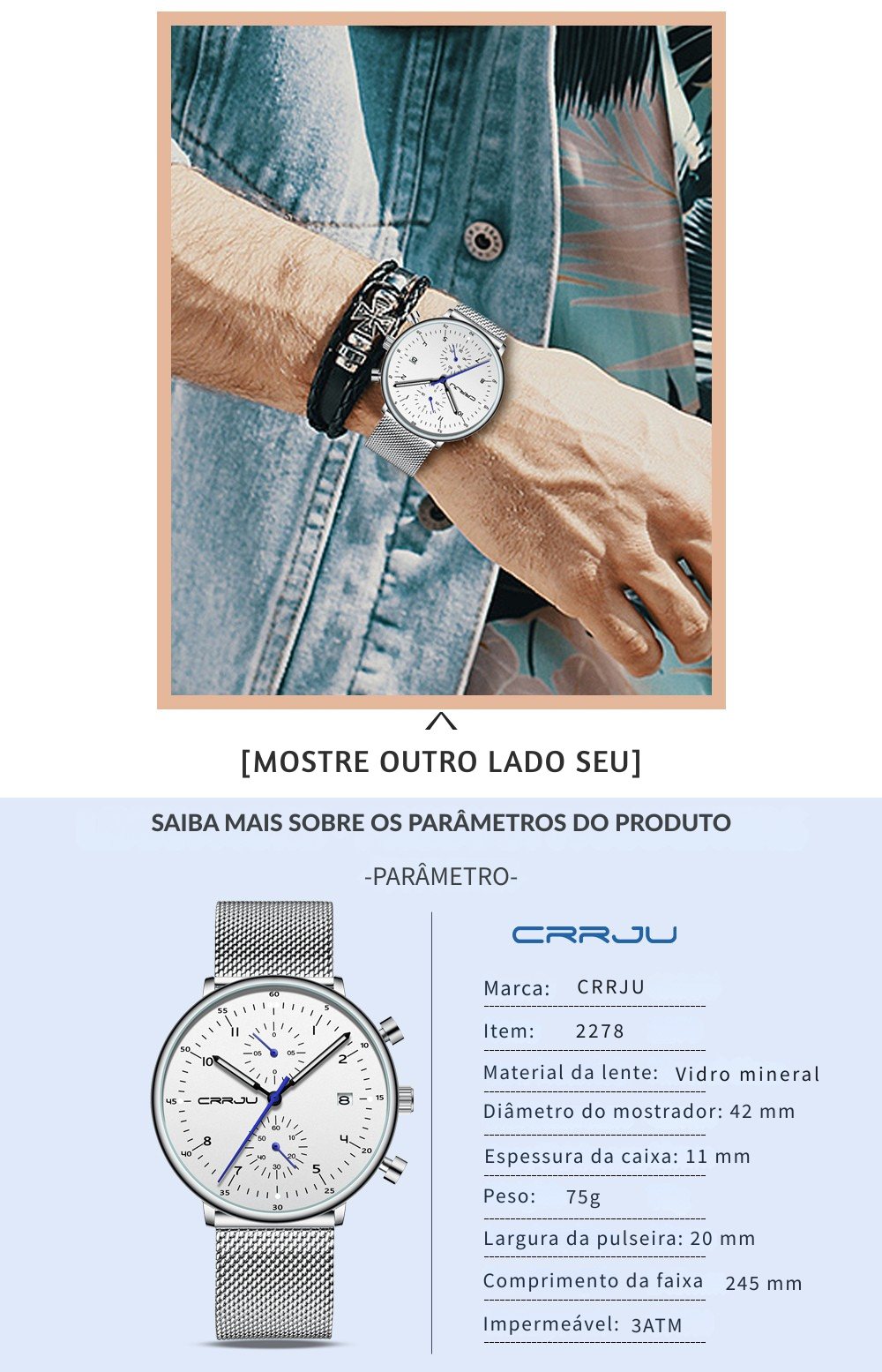 Relógio Masculino CRRJU Ultra Slim | Aço Inoxidável Leve com Movimento Japonês