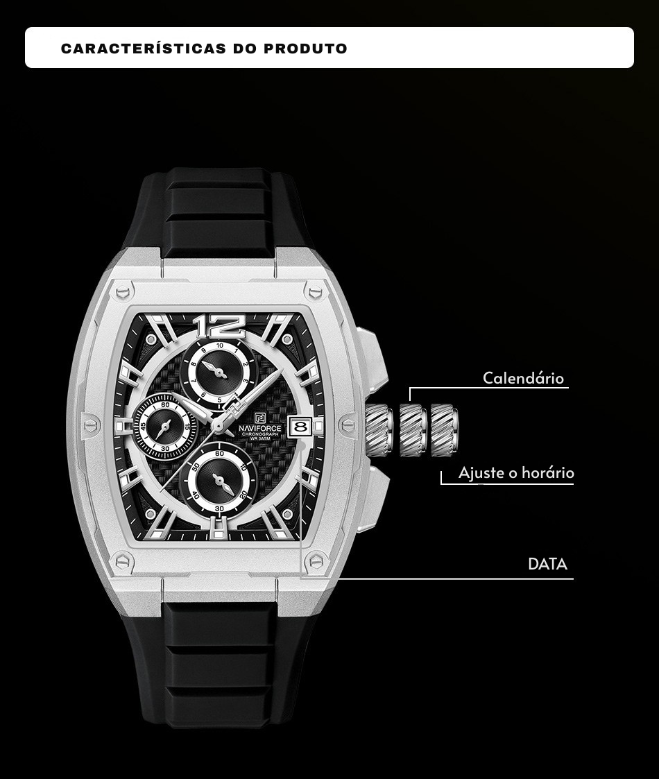 Relógio Masculino NAVIFORCE NF8050 Tonneau | Design Esportivo de Luxo com Pulseira de Silicone