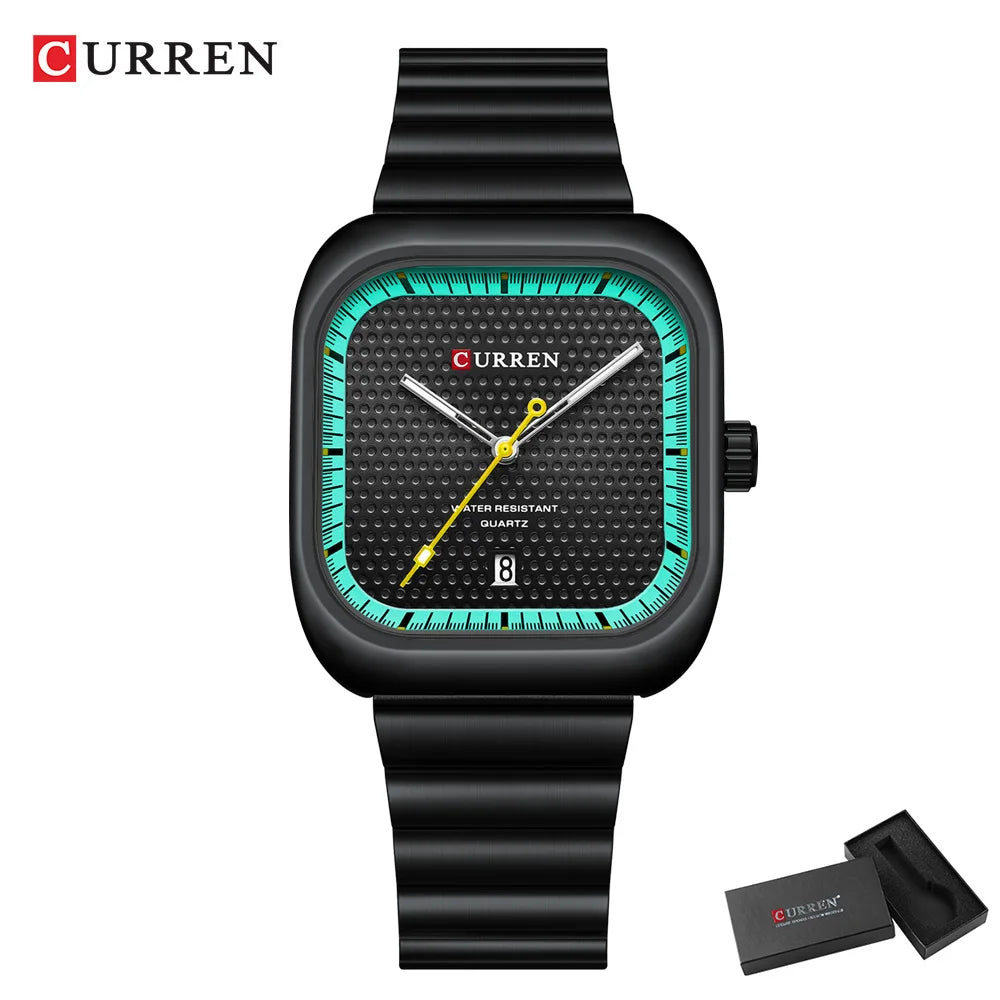 Relógio Masculino CURREN Square | Minimalismo em Aço com Calendário Automático.
