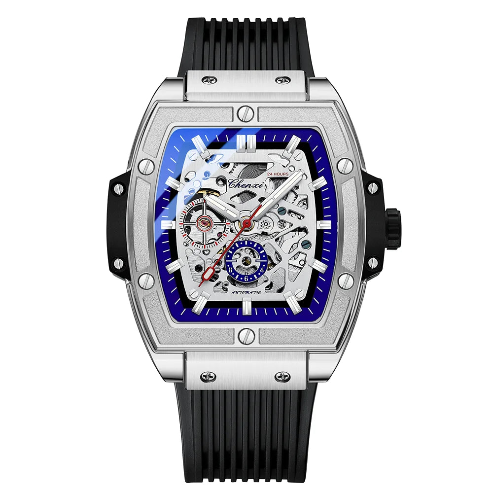 Luxury Brand Men's Relógio Masculino CHENXI Skeleton | Design Automático em Formato Barril e Pulseira de Silicone