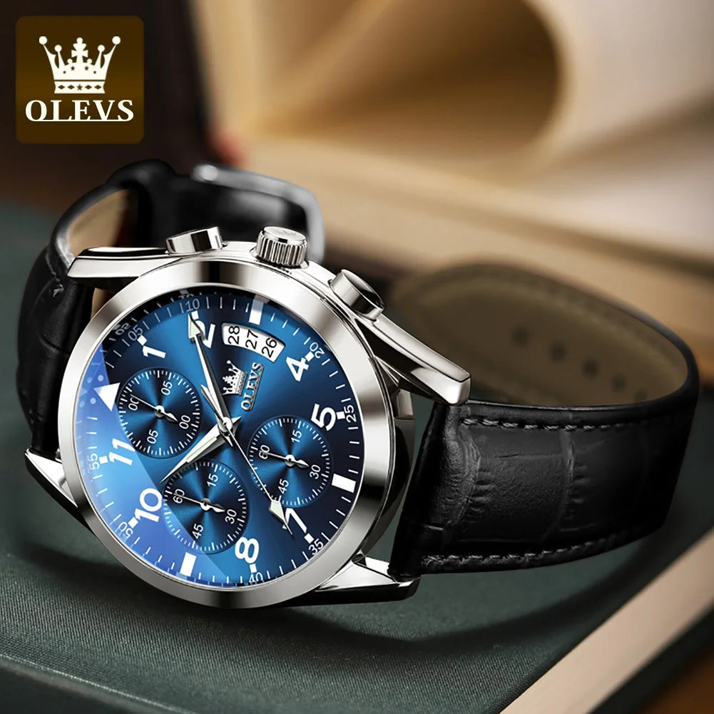 Relógio Masculino OLEVS Classic | Couro Premium com Marcadores Arábicos e Calendário