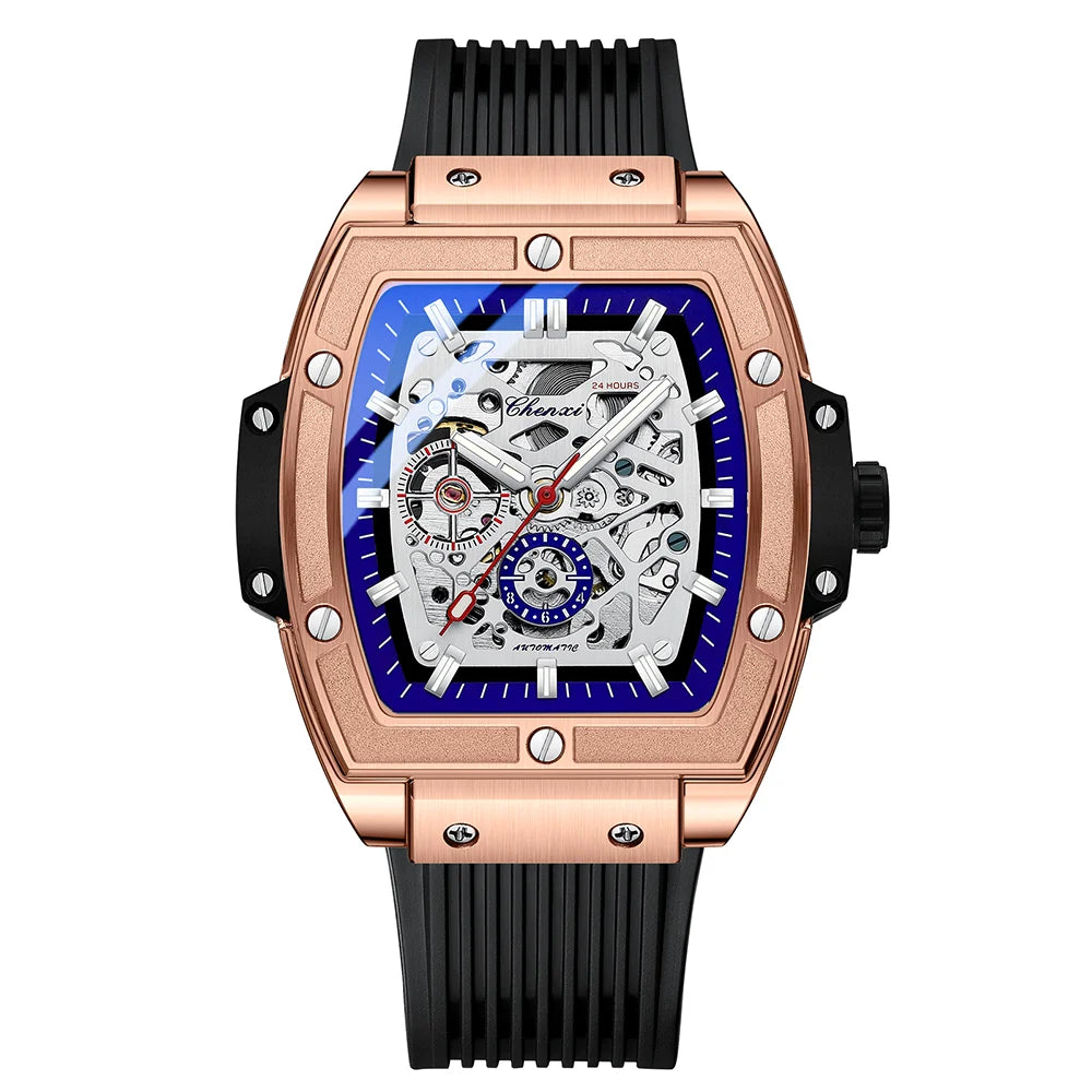 Luxury Brand Men's Relógio Masculino CHENXI Skeleton | Design Automático em Formato Barril e Pulseira de Silicone