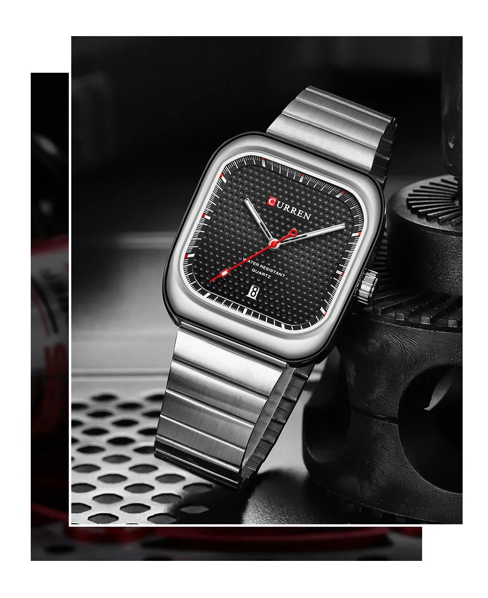 Relógio Masculino CURREN Square | Minimalismo em Aço com Calendário Automático.