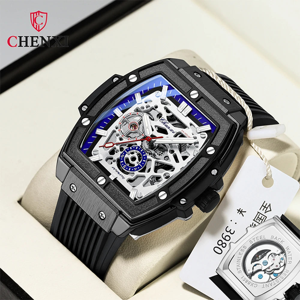 Luxury Brand Men's Relógio Masculino CHENXI Skeleton | Design Automático em Formato Barril e Pulseira de Silicone