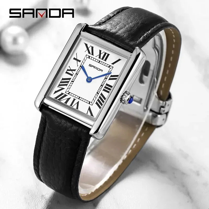 Relógio SANDA Slim Retangular | Design Ultrafino de 7mm e Pulseira de Couro