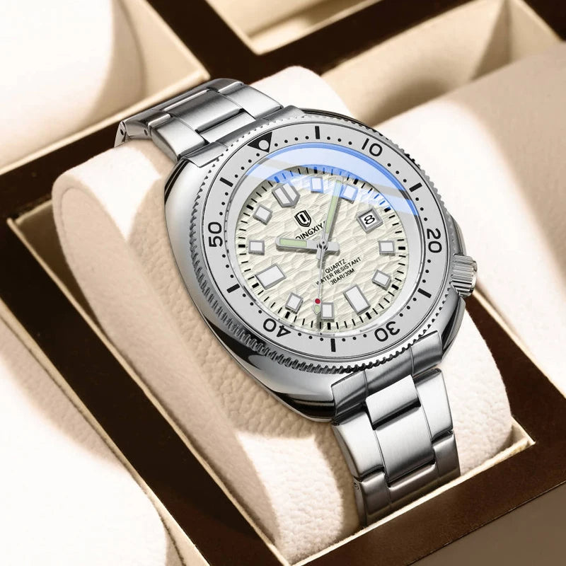 Relógio Masculino QINGXIYA Luxury | Todo em Aço Inoxidável com Calendário e Brilho Noturno
