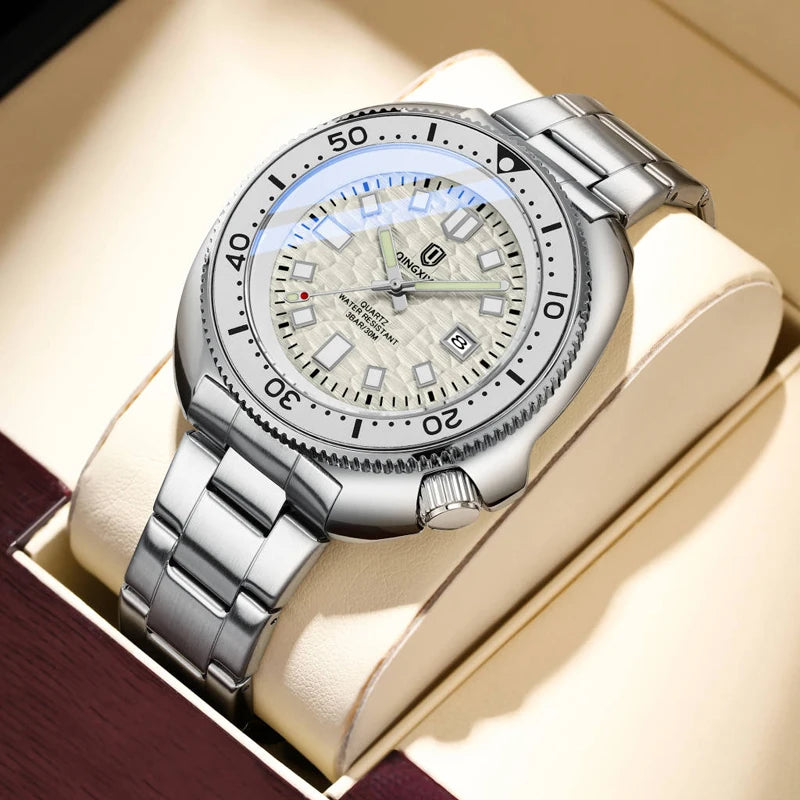 Relógio Masculino QINGXIYA Luxury | Todo em Aço Inoxidável com Calendário e Brilho Noturno