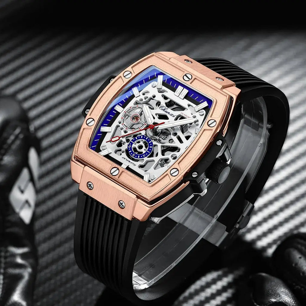 Luxury Brand Men's Relógio Masculino CHENXI Skeleton | Design Automático em Formato Barril e Pulseira de Silicone