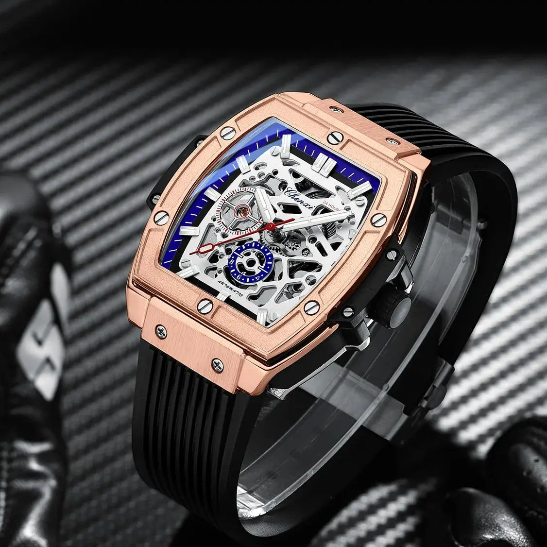 Luxury Brand Men's Relógio Masculino CHENXI Skeleton | Design Automático em Formato Barril e Pulseira de Silicone