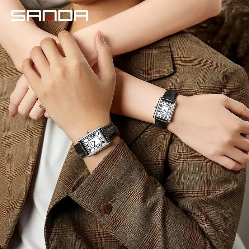 Relógio SANDA Slim Retangular | Design Ultrafino de 7mm e Pulseira de Couro