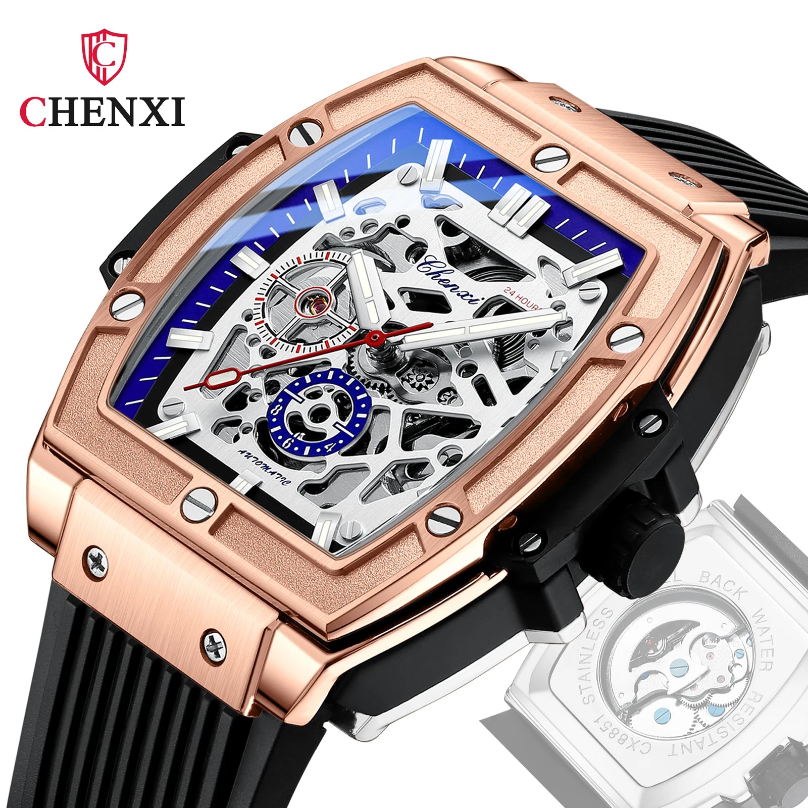 Luxury Brand Men's Relógio Masculino CHENXI Skeleton | Design Automático em Formato Barril e Pulseira de Silicone