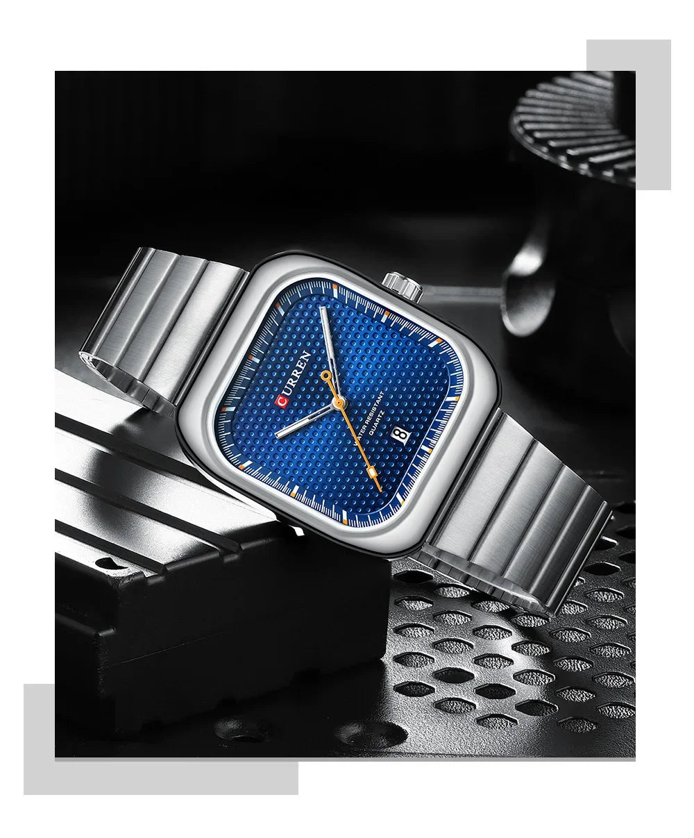 Relógio Masculino CURREN Square | Minimalismo em Aço com Calendário Automático.
