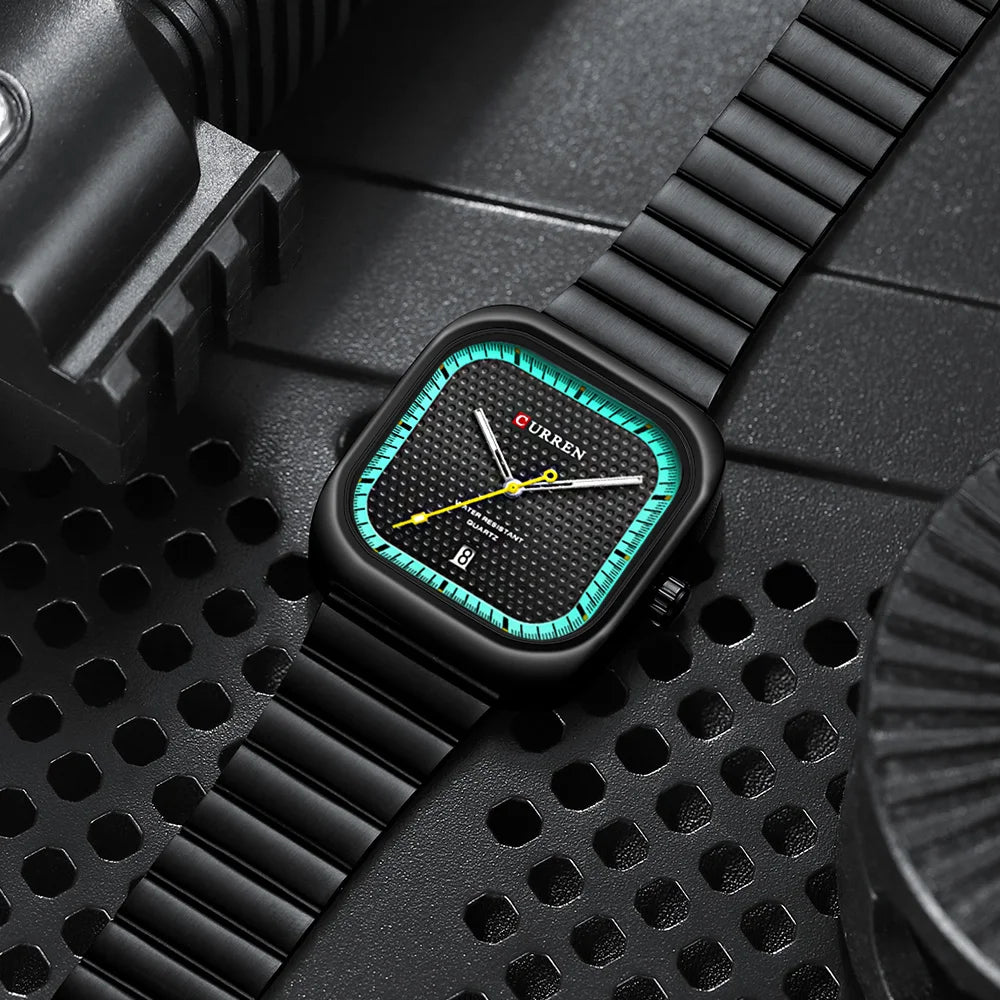 Relógio Masculino CURREN Square | Minimalismo em Aço com Calendário Automático.