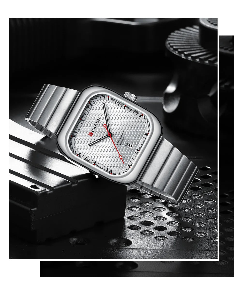 Relógio Masculino CURREN Square | Minimalismo em Aço com Calendário Automático.