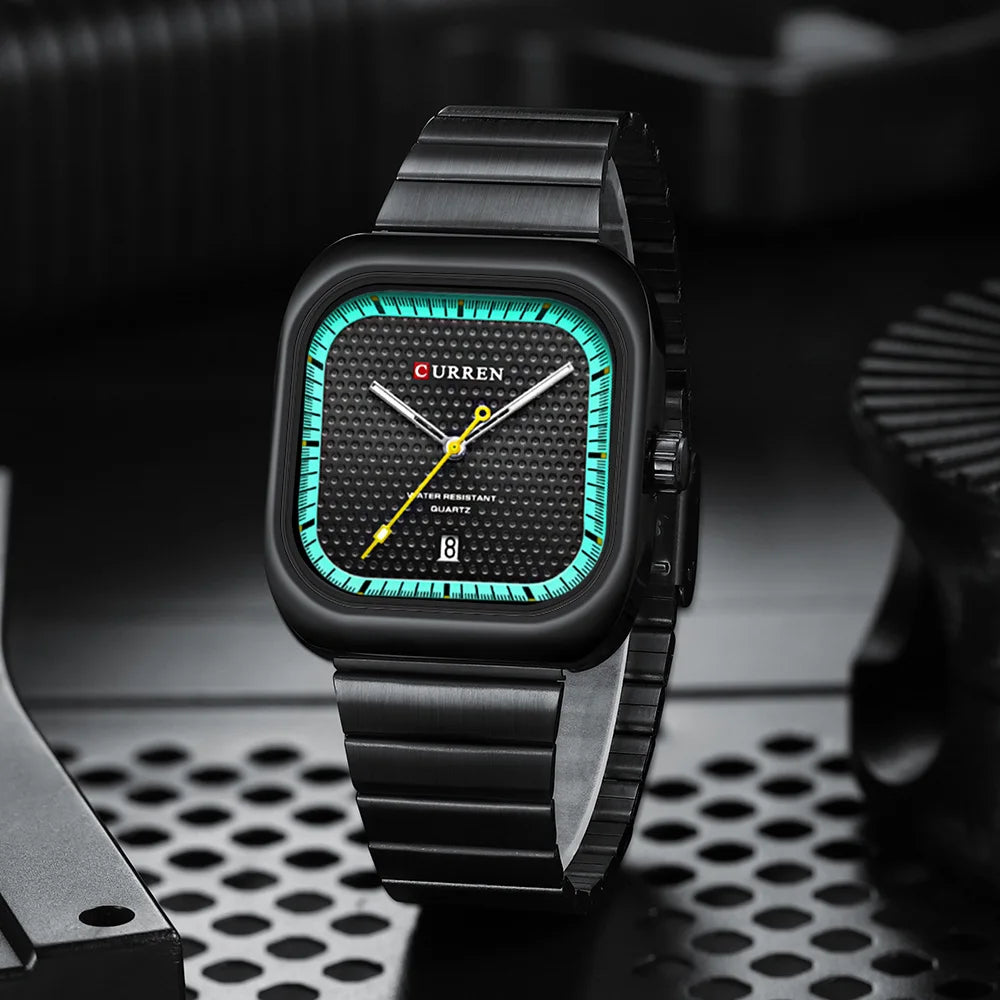 Relógio Masculino CURREN Square | Minimalismo em Aço com Calendário Automático.
