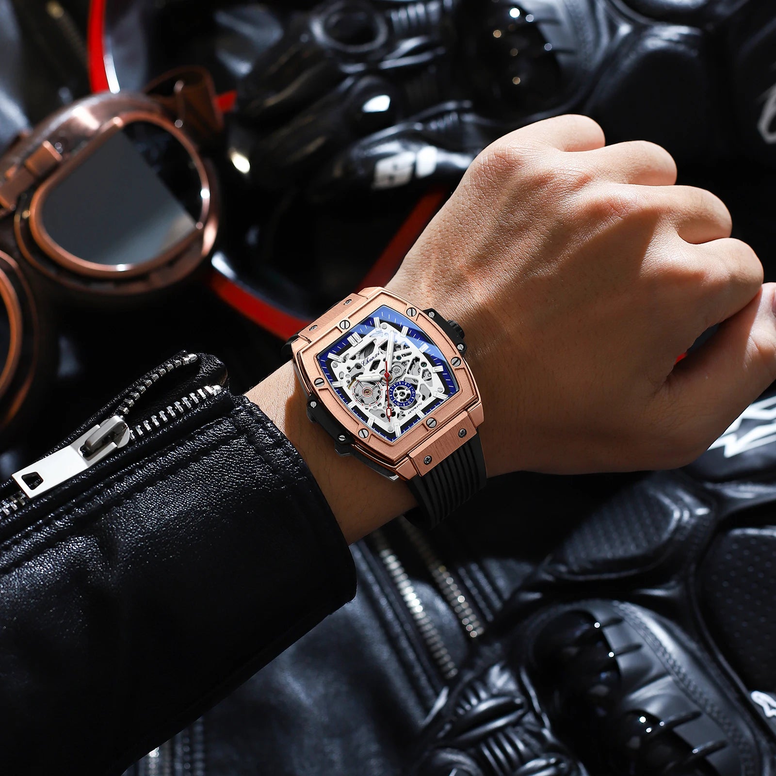 Luxury Brand Men's Relógio Masculino CHENXI Skeleton | Design Automático em Formato Barril e Pulseira de Silicone