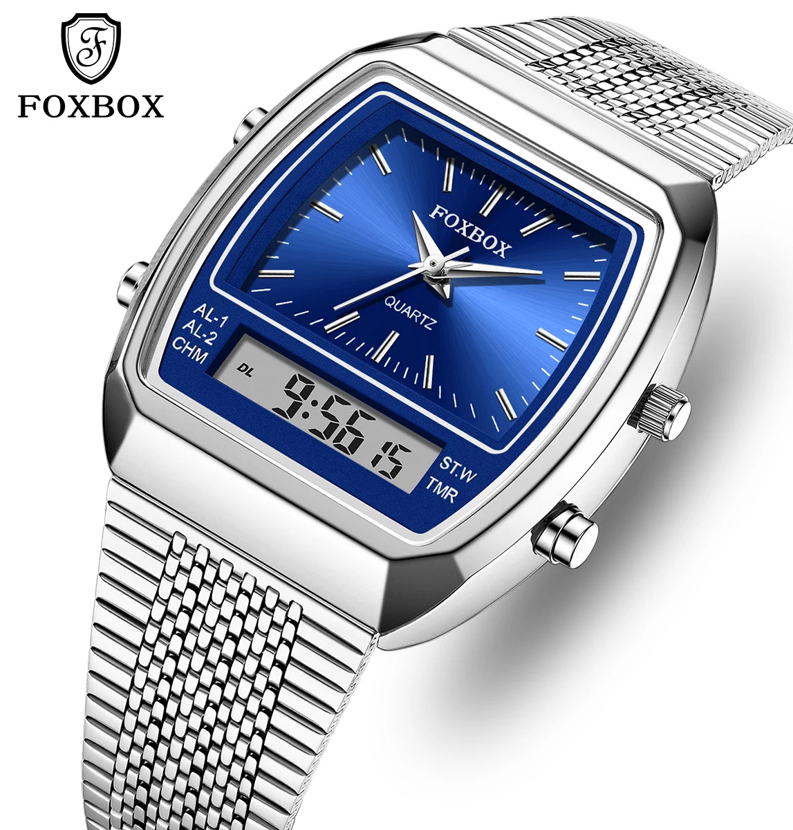 Relógio Masculino FOXBOX Digital-Analógico | Design Retangular Moderno em Aço Inoxidável