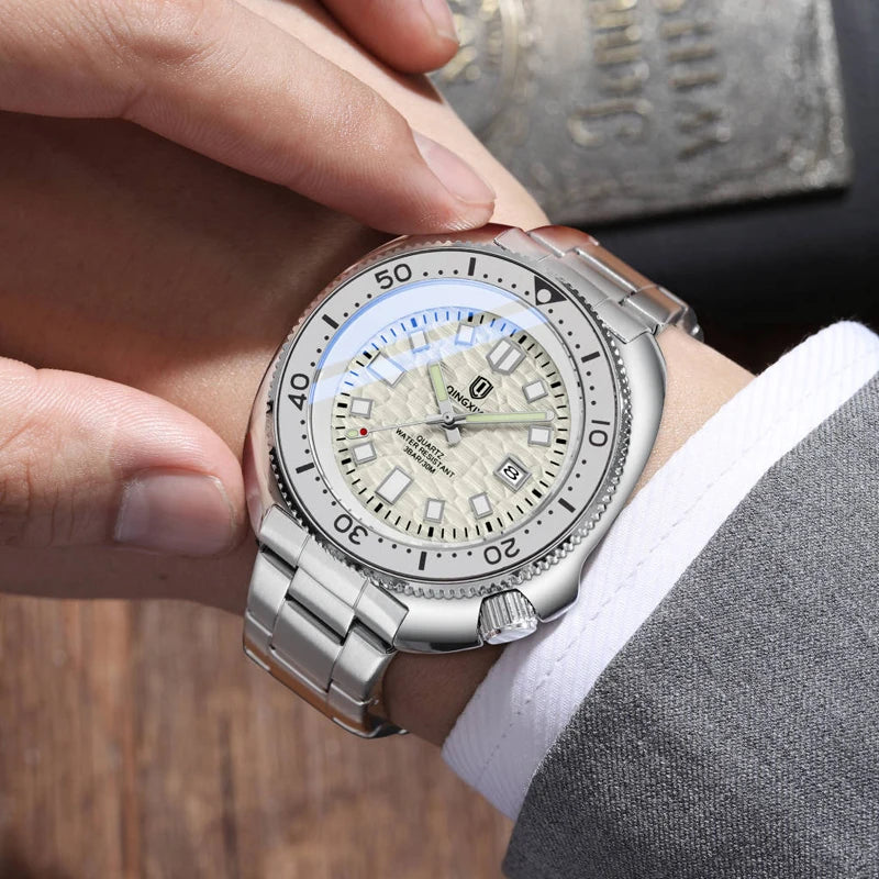 Relógio Masculino QINGXIYA Luxury | Todo em Aço Inoxidável com Calendário e Brilho Noturno