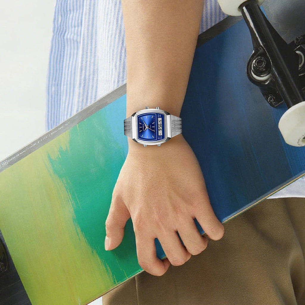 Relógio Masculino FOXBOX Digital-Analógico | Design Retangular Moderno em Aço Inoxidável