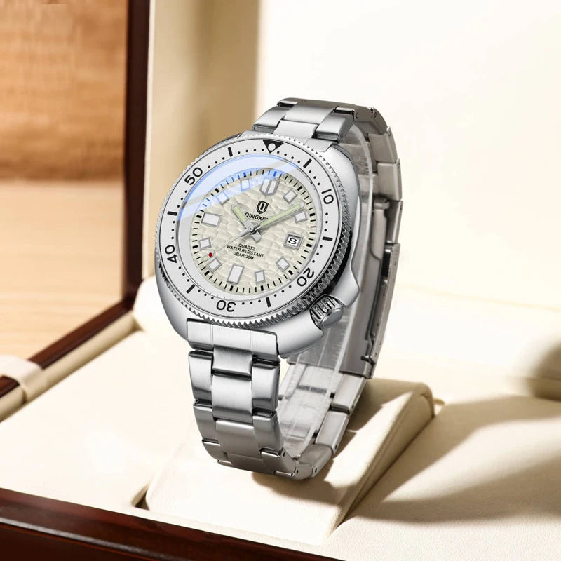 Relógio Masculino QINGXIYA Luxury | Todo em Aço Inoxidável com Calendário e Brilho Noturno