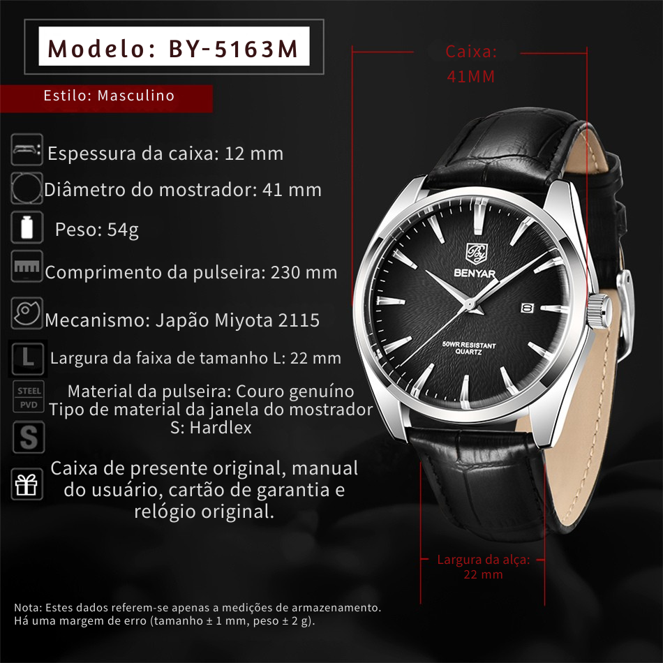 Relógio Masculino Benyar Luxury 5163 | Estilo Casual em Couro e Design Minimalista
